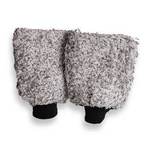 2 grey and white microfibre wash mitts on a white background