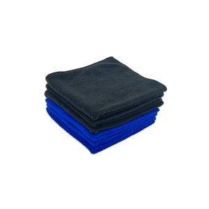 A stack of blue and black microfibre polishing cloths.