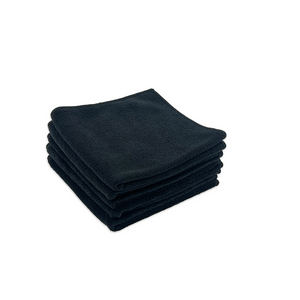 A stack of black microfiber polishing cloths.
