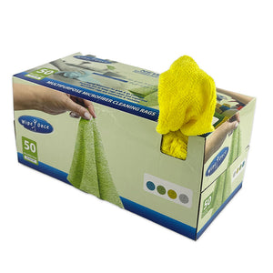 A box of yellow wipe once rags on a white background