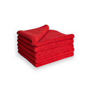 A stack of red microfibre buffing cloths
