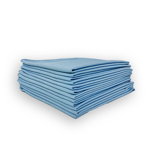 A stack of blue glass cloths designed for cleaning glass surfaces