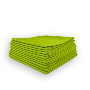 A stack of green glass cloths designed for cleaning glass surfaces