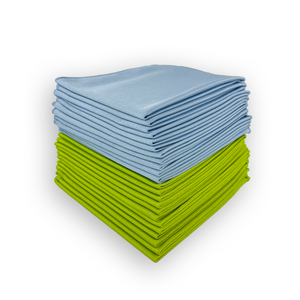 A stack of blue and green microfibre cloths designed for glass cleaning.