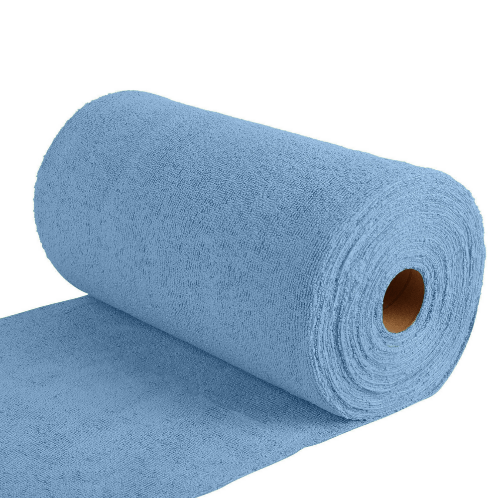 A roll of blue microfibre on a roll tear away