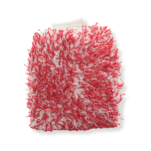 A red and white microfibre car wash hand mitt on a white background